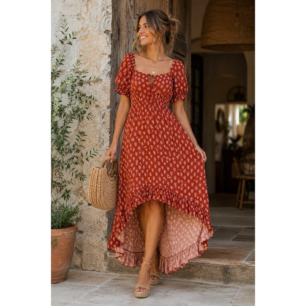 Anthropologie Hi Low Dress L Milkmaid Rust Boho Puff Sleeve Empire Waist